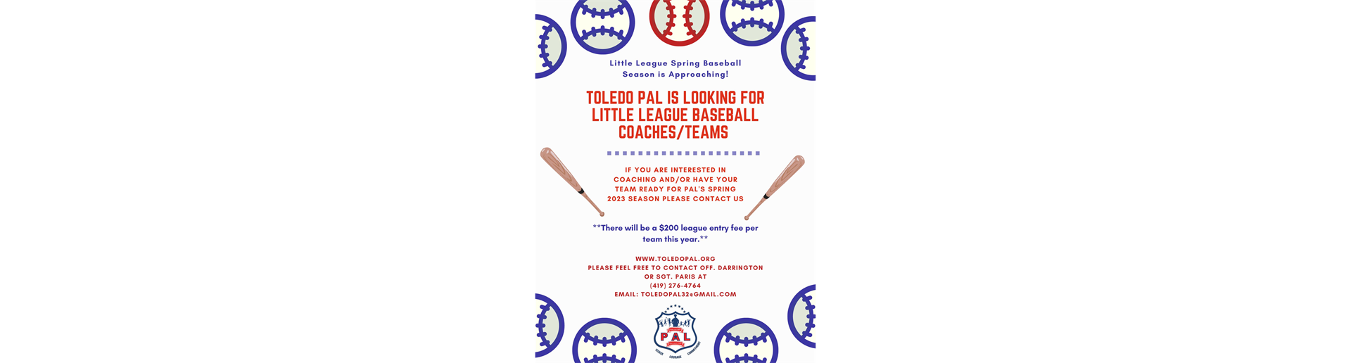 TOLEDO PAL LOOKING FOR 2023 BASEBALL TEAMS!